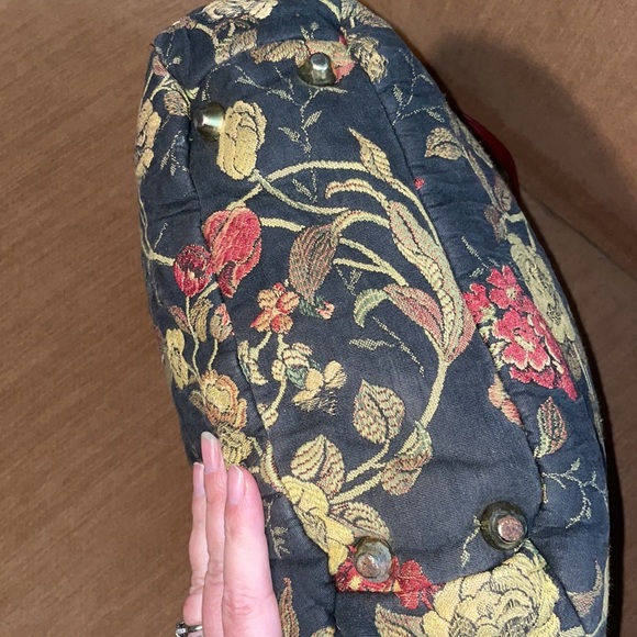 Floral Tapestry Handbag Bohemian Navy Burgundy Purse Carpet Style Zip Top - Picture 6 of 7